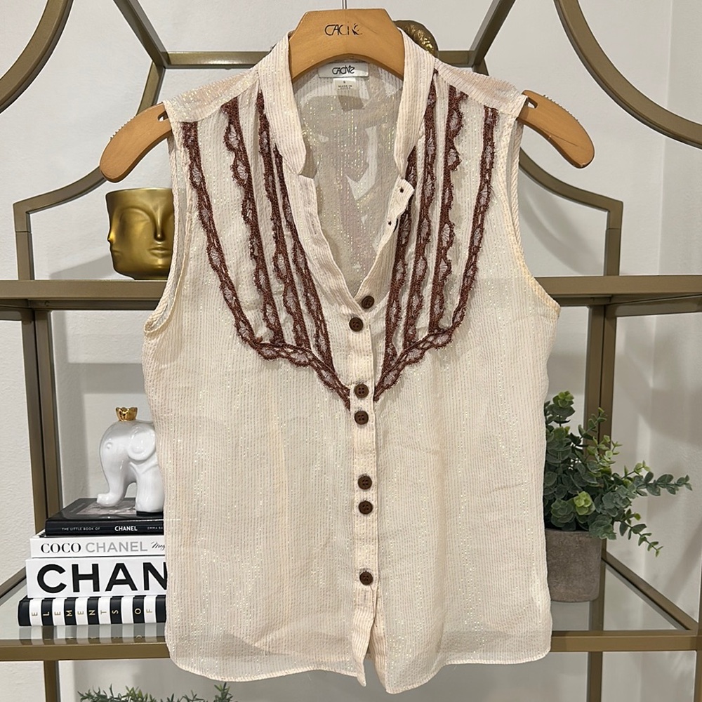 Cache Cream Shimmer Sleeveless Top